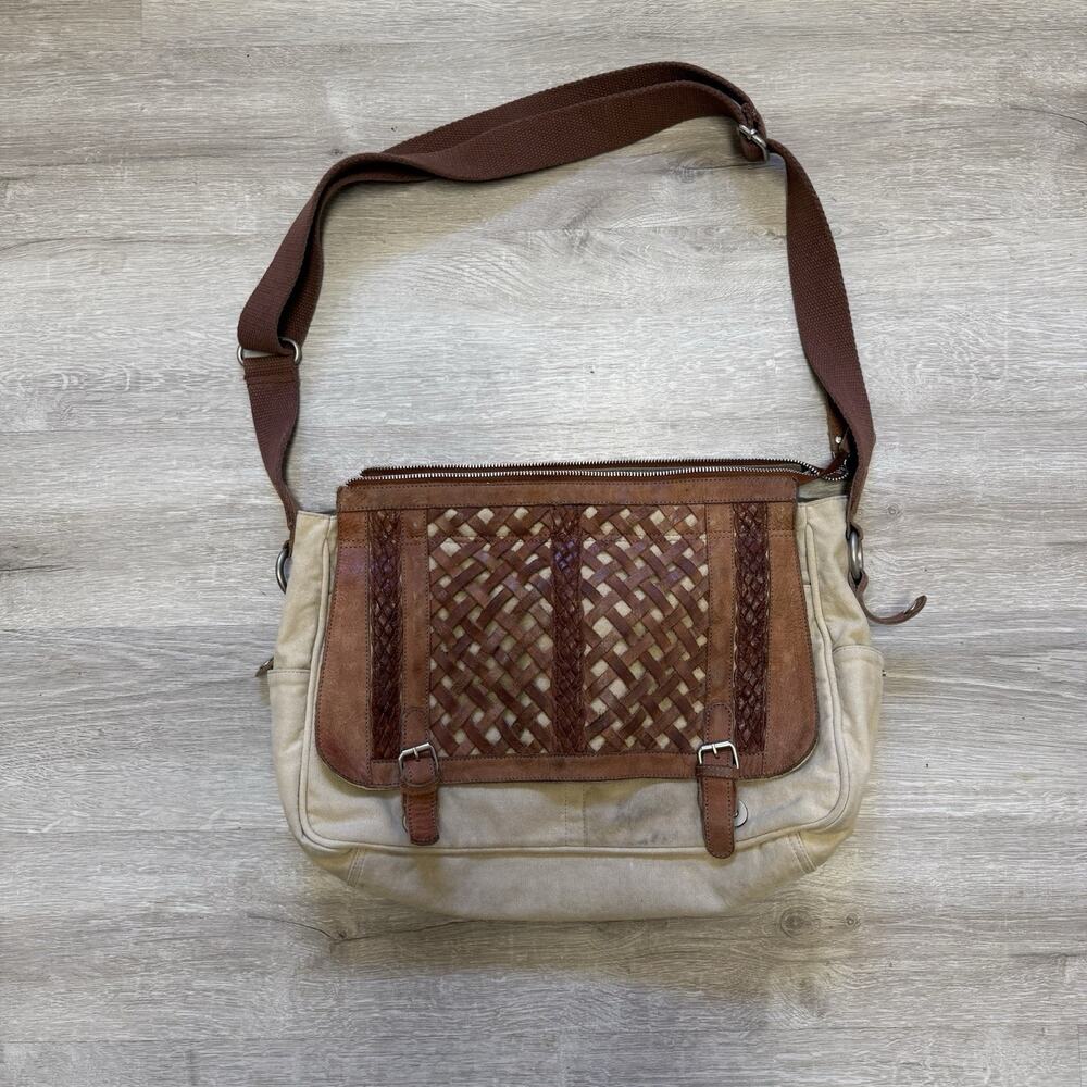 Mo & Co Anthropologie Tote Briefcase Leather Canvas Messenger Bag
